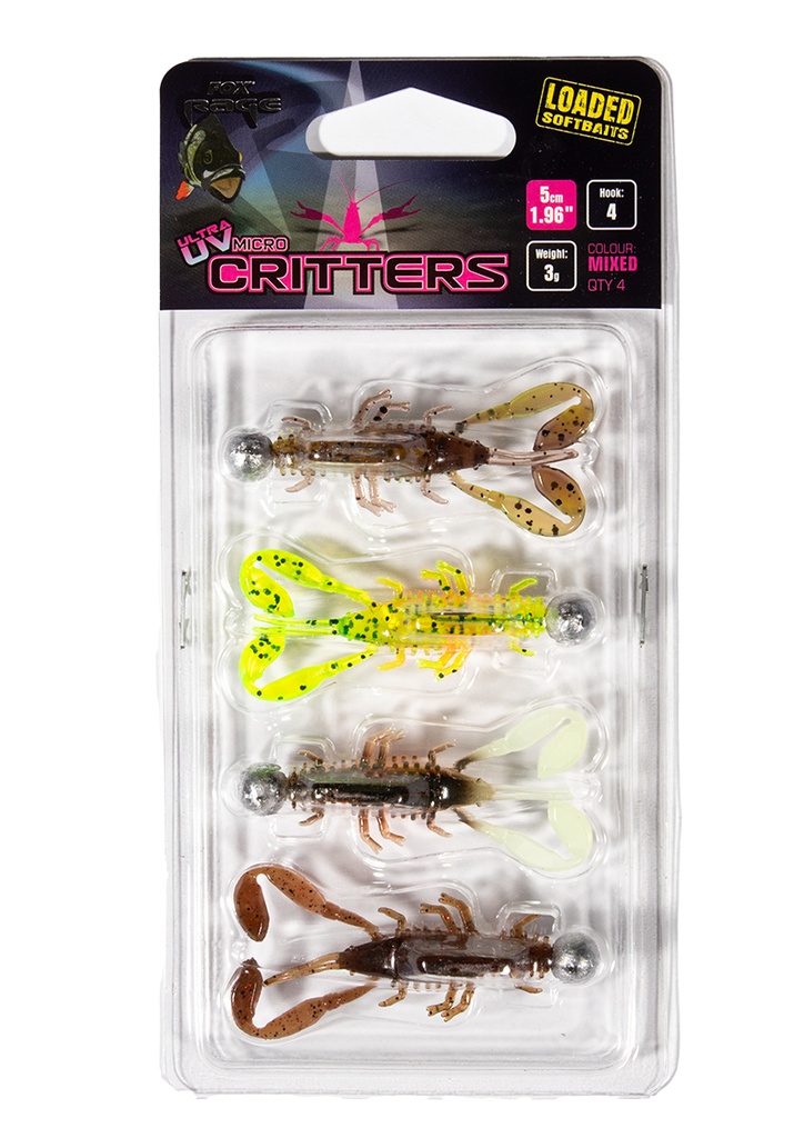Fox Rage Ultra UV Micro Critter Mixed Colour Loaded Lure Pack 5cm x 4pcs 3g